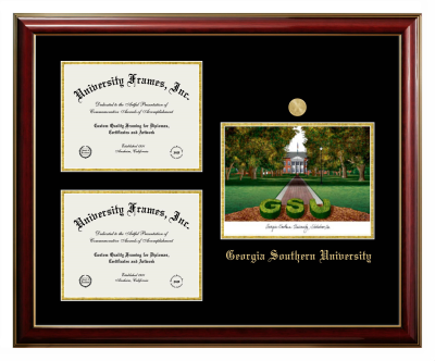 Triple Opening with Campus Image Frame in Classic Mahogany with Gold Trim with Black & Gold Mats for DOCUMENT: 8 1/2"H X 11"W  , DOCUMENT: 8 1/2"H X 11"W  