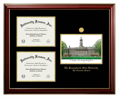 Triple Opening with Campus Image Frame in Classic Mahogany with Gold Trim with Black & Gold Mats for DOCUMENT: 8 1/2"H X 11"W  , DOCUMENT: 8 1/2"H X 11"W  