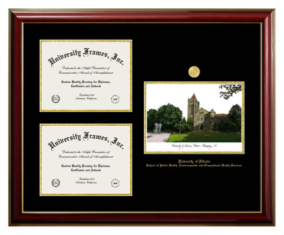 Triple Opening with Campus Image Frame in Classic Mahogany with Gold Trim with Black & Gold Mats for DOCUMENT: 8 1/2"H X 11"W  , DOCUMENT: 8 1/2"H X 11"W  