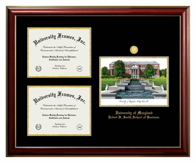 Triple Opening with Campus Image Frame in Classic Mahogany with Gold Trim with Black & Gold Mats for DOCUMENT: 8 1/2"H X 11"W  , DOCUMENT: 8 1/2"H X 11"W  