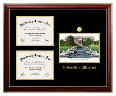 Triple Opening with Campus Image Frame in Classic Mahogany with Gold Trim with Black & Gold Mats for DOCUMENT: 8 1/2"H X 11"W  , DOCUMENT: 8 1/2"H X 11"W  