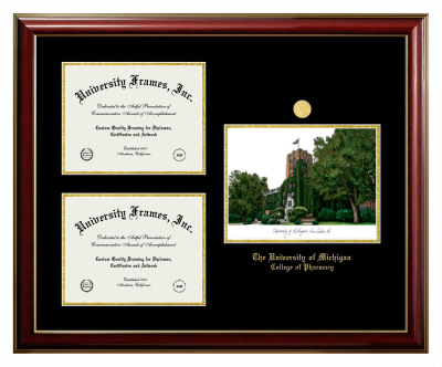 Triple Opening with Campus Image Frame in Classic Mahogany with Gold Trim with Black & Gold Mats for DOCUMENT: 8 1/2"H X 11"W  , DOCUMENT: 8 1/2"H X 11"W  