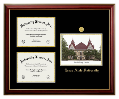 Triple Opening with Campus Image Frame in Classic Mahogany with Gold Trim with Black & Gold Mats for DOCUMENT: 8 1/2"H X 11"W  , DOCUMENT: 8 1/2"H X 11"W  