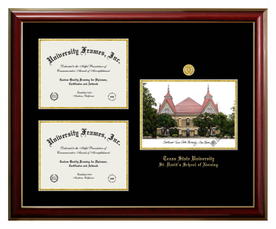 Triple Opening with Campus Image Frame in Classic Mahogany with Gold Trim with Black & Gold Mats for DOCUMENT: 8 1/2"H X 11"W  , DOCUMENT: 8 1/2"H X 11"W  