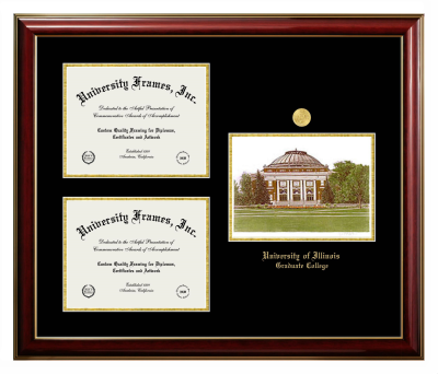 Triple Opening with Campus Image Frame in Classic Mahogany with Gold Trim with Black & Gold Mats for DOCUMENT: 8 1/2"H X 11"W  , DOCUMENT: 8 1/2"H X 11"W  