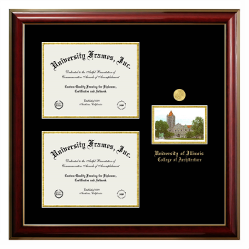 Triple Opening with Campus Image Frame in Classic Mahogany with Gold Trim with Black & Gold Mats for DOCUMENT: 8 1/2"H X 11"W  , DOCUMENT: 8 1/2"H X 11"W  