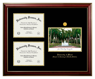 Triple Opening with Campus Image Frame in Classic Mahogany with Gold Trim with Black & Gold Mats for DOCUMENT: 8 1/2"H X 11"W  , DOCUMENT: 8 1/2"H X 11"W  