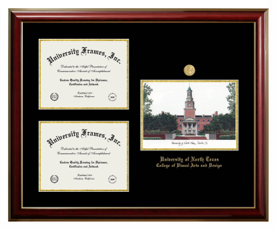 Triple Opening with Campus Image Frame in Classic Mahogany with Gold Trim with Black & Gold Mats for DOCUMENT: 8 1/2"H X 11"W  , DOCUMENT: 8 1/2"H X 11"W  