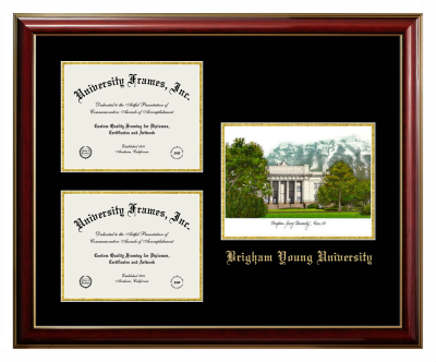 Triple Opening with Campus Image Frame in Classic Mahogany with Gold Trim with Black & Gold Mats for DOCUMENT: 8 1/2"H X 11"W  , DOCUMENT: 8 1/2"H X 11"W  