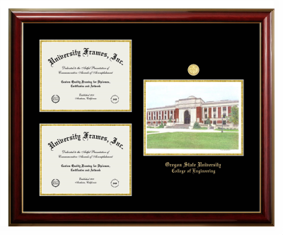 Triple Opening with Campus Image Frame in Classic Mahogany with Gold Trim with Black & Gold Mats for DOCUMENT: 8 1/2"H X 11"W  , DOCUMENT: 8 1/2"H X 11"W  