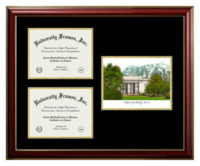 Triple Opening with Campus Image Frame in Classic Mahogany with Gold Trim with Black & Gold Mats for DOCUMENT: 8 1/2"H X 11"W  , DOCUMENT: 8 1/2"H X 11"W  