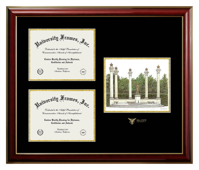 Triple Opening with Campus Image Frame in Classic Mahogany with Gold Trim with Black & Gold Mats for DOCUMENT: 8 1/2"H X 11"W  , DOCUMENT: 8 1/2"H X 11"W  