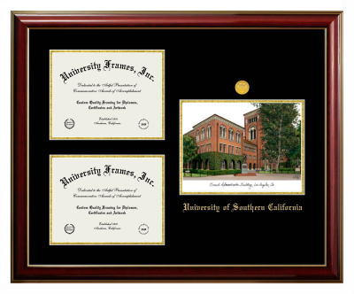 Triple Opening with Campus Image Frame in Classic Mahogany with Gold Trim with Black & Gold Mats for DOCUMENT: 8 1/2"H X 11"W  , DOCUMENT: 8 1/2"H X 11"W  