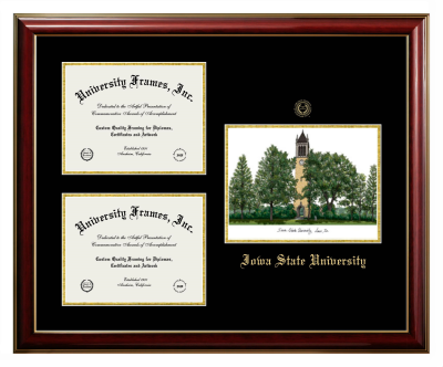 Triple Opening with Campus Image Frame in Classic Mahogany with Gold Trim with Black & Gold Mats for DOCUMENT: 8 1/2"H X 11"W  , DOCUMENT: 8 1/2"H X 11"W  