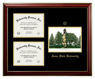 Iowa State University Triple Opening with Campus Image Frame in Classic Mahogany with Gold Trim with Black & Gold Mats for DOCUMENT: 8 1/2"H X 11"W  , DOCUMENT: 8 1/2"H X 11"W  