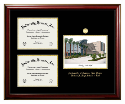 Triple Opening with Campus Image Frame in Classic Mahogany with Gold Trim with Black & Gold Mats for DOCUMENT: 8 1/2"H X 11"W  , DOCUMENT: 8 1/2"H X 11"W  