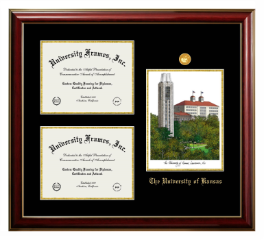 Triple Opening with Campus Image Frame in Classic Mahogany with Gold Trim with Black & Gold Mats for DOCUMENT: 8 1/2"H X 11"W  , DOCUMENT: 8 1/2"H X 11"W  