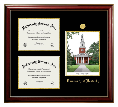 Triple Opening with Campus Image Frame in Classic Mahogany with Gold Trim with Black & Gold Mats for DOCUMENT: 8 1/2"H X 11"W  , DOCUMENT: 8 1/2"H X 11"W  