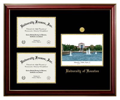 Triple Opening with Campus Image Frame in Classic Mahogany with Gold Trim with Black & Gold Mats for DOCUMENT: 8 1/2"H X 11"W  , DOCUMENT: 8 1/2"H X 11"W  