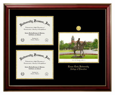 Triple Opening with Campus Image Frame in Classic Mahogany with Gold Trim with Black & Gold Mats for DOCUMENT: 8 1/2"H X 11"W  , DOCUMENT: 8 1/2"H X 11"W  