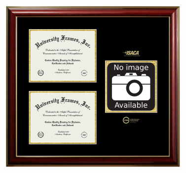 Triple Opening with Campus Image Frame in Classic Mahogany with Gold Trim with Black & Gold Mats for DOCUMENT: 8 1/2"H X 11"W  , DOCUMENT: 8 1/2"H X 11"W  