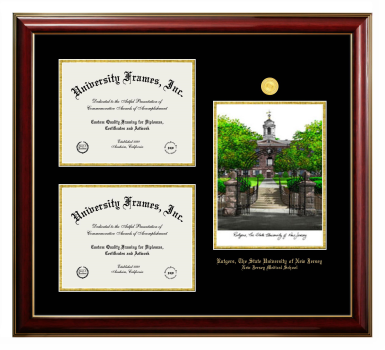 Triple Opening with Campus Image Frame in Classic Mahogany with Gold Trim with Black & Gold Mats for DOCUMENT: 8 1/2"H X 11"W  , DOCUMENT: 8 1/2"H X 11"W  