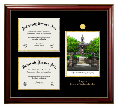 Triple Opening with Campus Image Frame in Classic Mahogany with Gold Trim with Black & Gold Mats for DOCUMENT: 8 1/2"H X 11"W  , DOCUMENT: 8 1/2"H X 11"W  