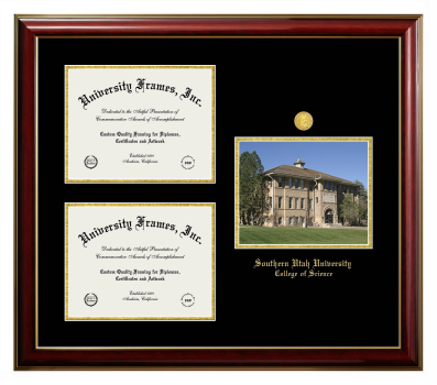 Triple Opening with Campus Image Frame in Classic Mahogany with Gold Trim with Black & Gold Mats for DOCUMENT: 8 1/2"H X 11"W  , DOCUMENT: 8 1/2"H X 11"W  