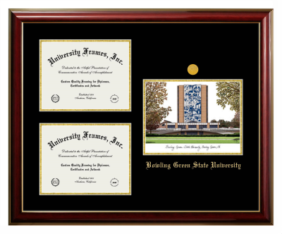 Triple Opening with Campus Image Frame in Classic Mahogany with Gold Trim with Black & Gold Mats for DOCUMENT: 8 1/2"H X 11"W  , DOCUMENT: 8 1/2"H X 11"W  