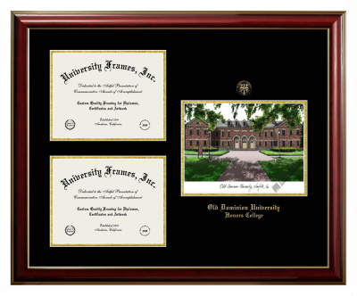 Triple Opening with Campus Image Frame in Classic Mahogany with Gold Trim with Black & Gold Mats for DOCUMENT: 8 1/2"H X 11"W  , DOCUMENT: 8 1/2"H X 11"W  