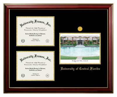 Triple Opening with Campus Image Frame in Classic Mahogany with Gold Trim with Black & Gold Mats for DOCUMENT: 8 1/2"H X 11"W  , DOCUMENT: 8 1/2"H X 11"W  