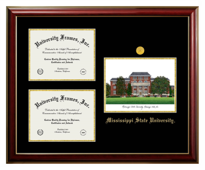 Mississippi State University Triple Opening with Campus Image Frame in Classic Mahogany with Gold Trim with Black & Gold Mats for DOCUMENT: 8 1/2"H X 11"W  , DOCUMENT: 8 1/2"H X 11"W  