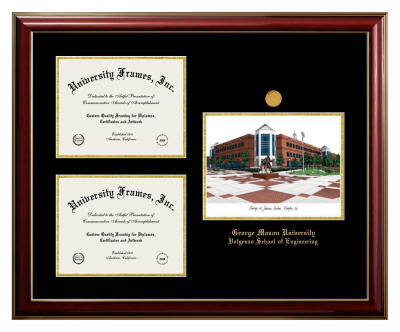 Triple Opening with Campus Image Frame in Classic Mahogany with Gold Trim with Black & Gold Mats for DOCUMENT: 8 1/2"H X 11"W  , DOCUMENT: 8 1/2"H X 11"W  