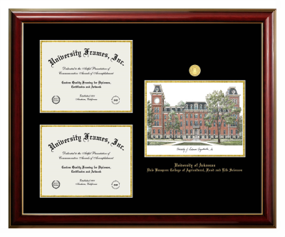 Triple Opening with Campus Image Frame in Classic Mahogany with Gold Trim with Black & Gold Mats for DOCUMENT: 8 1/2"H X 11"W  , DOCUMENT: 8 1/2"H X 11"W  