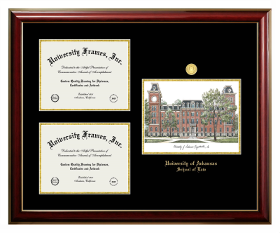 Triple Opening with Campus Image Frame in Classic Mahogany with Gold Trim with Black & Gold Mats for DOCUMENT: 8 1/2"H X 11"W  , DOCUMENT: 8 1/2"H X 11"W  