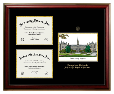 Triple Opening with Campus Image Frame in Classic Mahogany with Gold Trim with Black & Gold Mats for DOCUMENT: 8 1/2"H X 11"W  , DOCUMENT: 8 1/2"H X 11"W  