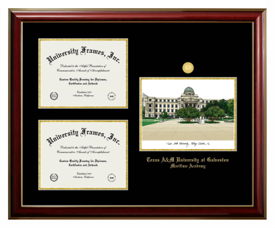 Triple Opening with Campus Image Frame in Classic Mahogany with Gold Trim with Black & Gold Mats for DOCUMENT: 8 1/2"H X 11"W  , DOCUMENT: 8 1/2"H X 11"W  