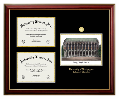 Triple Opening with Campus Image Frame in Classic Mahogany with Gold Trim with Black & Gold Mats for DOCUMENT: 8 1/2"H X 11"W  , DOCUMENT: 8 1/2"H X 11"W  