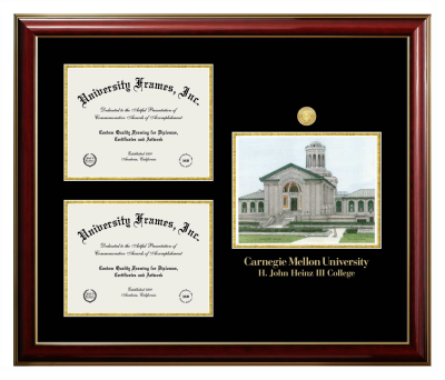 Triple Opening with Campus Image Frame in Classic Mahogany with Gold Trim with Black & Gold Mats for DOCUMENT: 8 1/2"H X 11"W  , DOCUMENT: 8 1/2"H X 11"W  