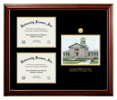 Triple Opening with Campus Image Frame in Classic Mahogany with Gold Trim with Black & Gold Mats for DOCUMENT: 8 1/2"H X 11"W  , DOCUMENT: 8 1/2"H X 11"W  