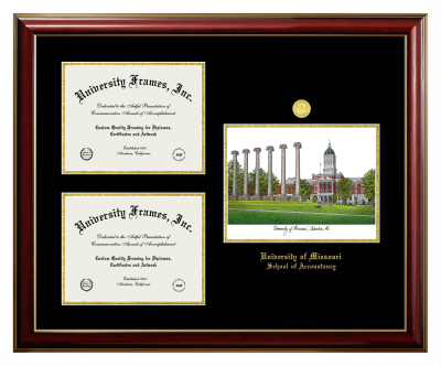 Triple Opening with Campus Image Frame in Classic Mahogany with Gold Trim with Black & Gold Mats for DOCUMENT: 8 1/2"H X 11"W  , DOCUMENT: 8 1/2"H X 11"W  