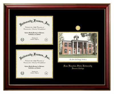 Triple Opening with Campus Image Frame in Classic Mahogany with Gold Trim with Black & Gold Mats for DOCUMENT: 8 1/2"H X 11"W  , DOCUMENT: 8 1/2"H X 11"W  