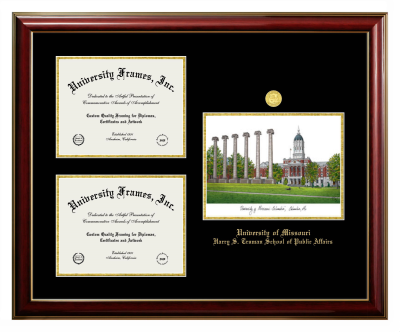 Triple Opening with Campus Image Frame in Classic Mahogany with Gold Trim with Black & Gold Mats for DOCUMENT: 8 1/2"H X 11"W  , DOCUMENT: 8 1/2"H X 11"W  