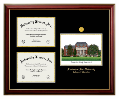 Triple Opening with Campus Image Frame in Classic Mahogany with Gold Trim with Black & Gold Mats for DOCUMENT: 8 1/2"H X 11"W  , DOCUMENT: 8 1/2"H X 11"W  