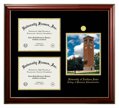 Triple Opening with Campus Image Frame in Classic Mahogany with Gold Trim with Black & Gold Mats for DOCUMENT: 8 1/2"H X 11"W  , DOCUMENT: 8 1/2"H X 11"W  