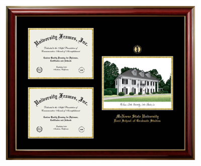 Triple Opening with Campus Image Frame in Classic Mahogany with Gold Trim with Black & Gold Mats for DOCUMENT: 8 1/2"H X 11"W  , DOCUMENT: 8 1/2"H X 11"W  