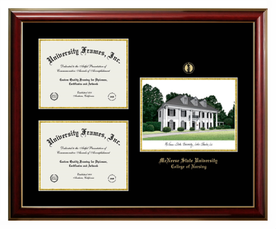 Triple Opening with Campus Image Frame in Classic Mahogany with Gold Trim with Black & Gold Mats for DOCUMENT: 8 1/2"H X 11"W  , DOCUMENT: 8 1/2"H X 11"W  