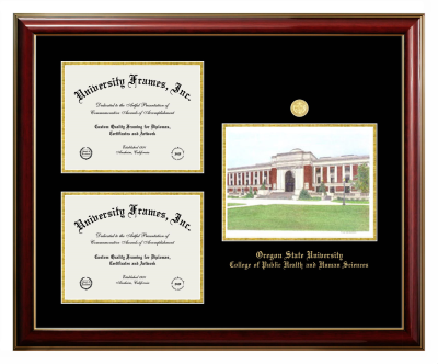 Triple Opening with Campus Image Frame in Classic Mahogany with Gold Trim with Black & Gold Mats for DOCUMENT: 8 1/2"H X 11"W  , DOCUMENT: 8 1/2"H X 11"W  