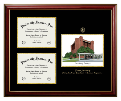 Lamar University Phillip M. Drayer Department of Electrical Engineering Triple Opening with Campus Image Frame in Classic Mahogany with Gold Trim with Black & Gold Mats for DOCUMENT: 8 1/2"H X 11"W  , DOCUMENT: 8 1/2"H X 11"W  
