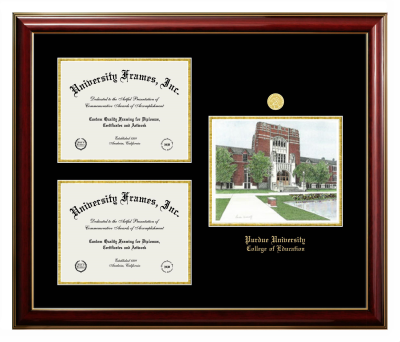 Triple Opening with Campus Image Frame in Classic Mahogany with Gold Trim with Black & Gold Mats for DOCUMENT: 8 1/2"H X 11"W  , DOCUMENT: 8 1/2"H X 11"W  